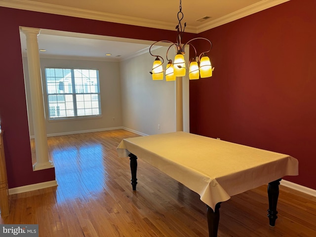game room with billiards, decorative columns, wood finished floors, and baseboards