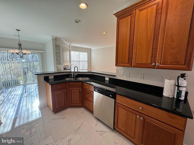 kitchen featuring brown cabinetry, a peninsula, a chandelier, dishwasher, and a sink