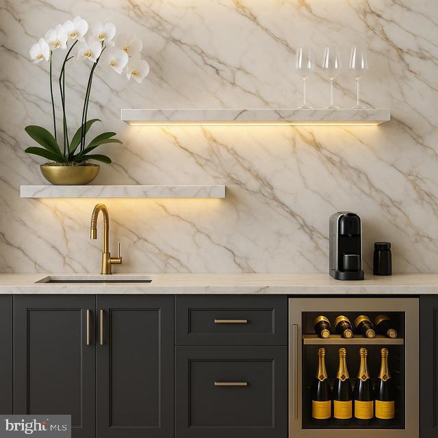 9210 Marseille Dr, Potomac, MD 20854 - bar area with wine cooler, a sink, and backsplash