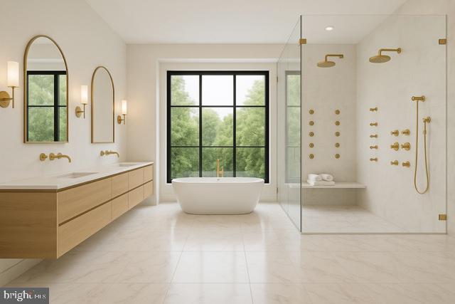 9210 Marseille Dr, Potomac, MD 20854 - full bath featuring walk in shower, healthy amount of natural light, double vanity, and a freestanding bath