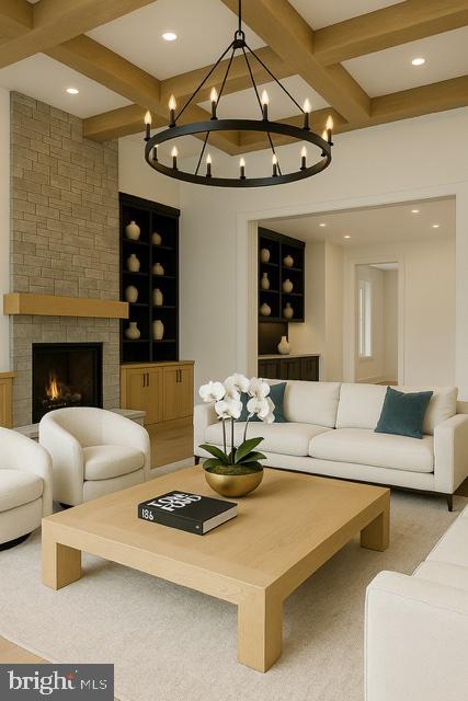 9210 Marseille Dr, Potomac, MD 20854 - living area featuring beamed ceiling, coffered ceiling, a chandelier, a fireplace, and built in features