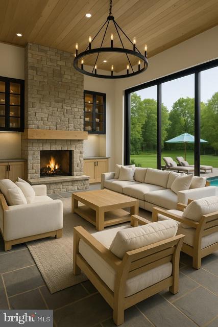 9210 Marseille Dr, Potomac, MD 20854 - living room with wooden ceiling, healthy amount of natural light, a fireplace, recessed lighting, and a chandelier