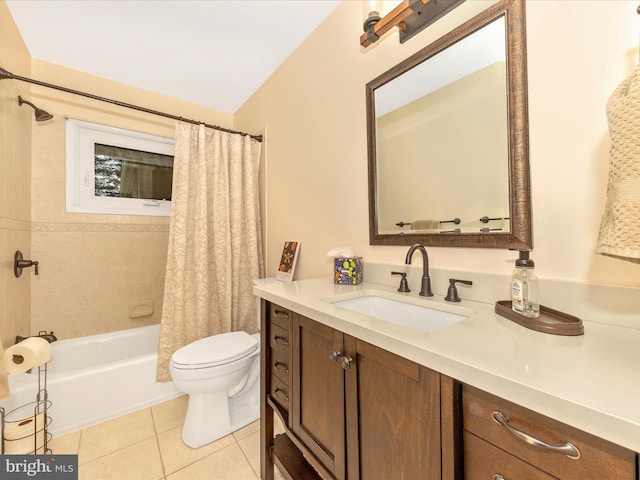 full bath featuring shower / bath combo, toilet, tile patterned flooring, and vanity