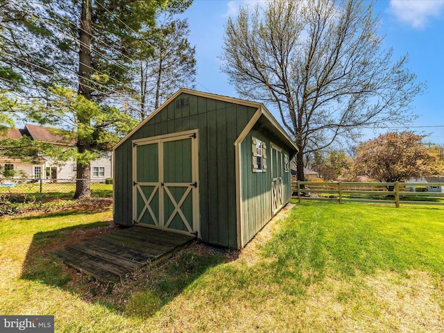 view of shed with a fenced backyard