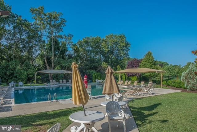 pool with a lawn and a patio area