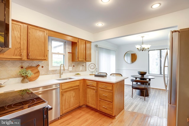 kitchen with a peninsula, light wood-type flooring, a sink, stainless steel appliances, and decorative backsplash