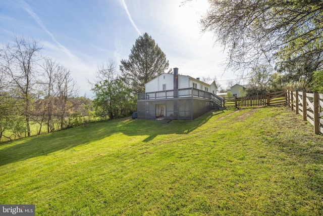 view of yard with a wooden deck and fence