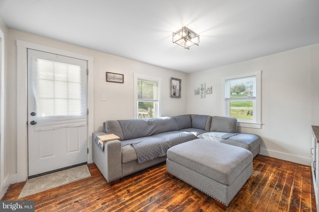 living area featuring baseboards, dark wood-style floors, and a healthy amount of sunlight