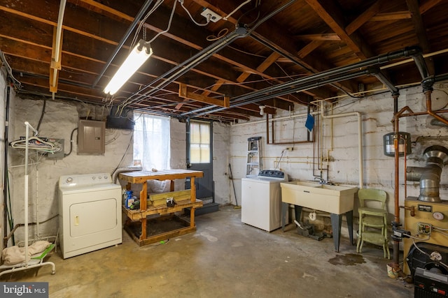 1323 W 41st St, Baltimore, MD 21211 - below grade area with washer and dryer, electric panel, a sink, and a heating unit