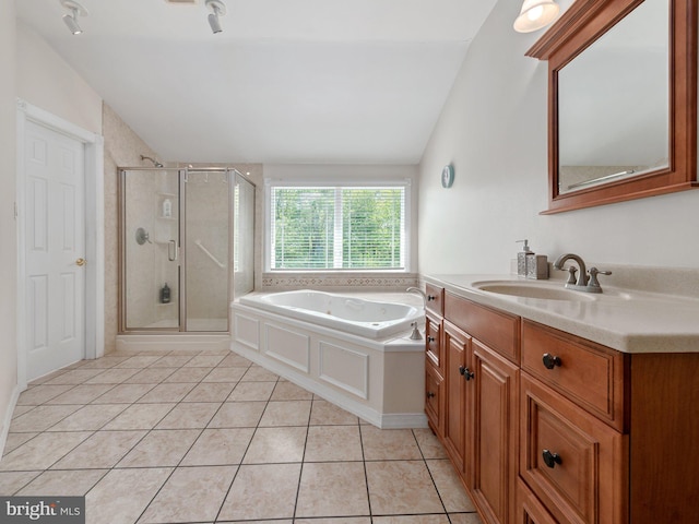 59 Hagan Dr, New Hope, PA 18938 - bathroom with a shower stall, vanity, a whirlpool tub, tile patterned flooring, and lofted ceiling