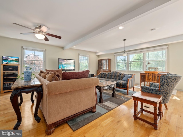 59 Hagan Dr, New Hope, PA 18938 - living room with beam ceiling, recessed lighting, a ceiling fan, and light wood finished floors