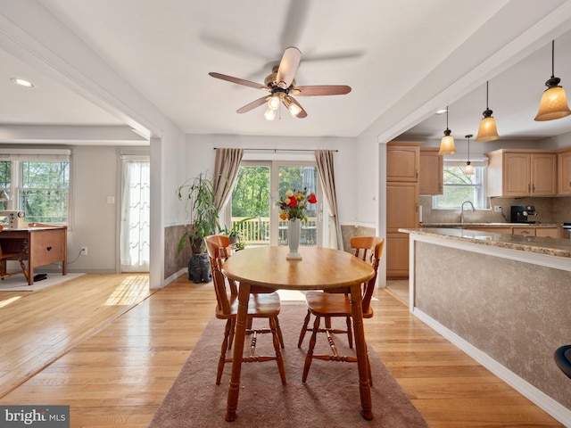 59 Hagan Dr, New Hope, PA 18938 - dining room with baseboards, recessed lighting, a ceiling fan, and light wood-style flooring