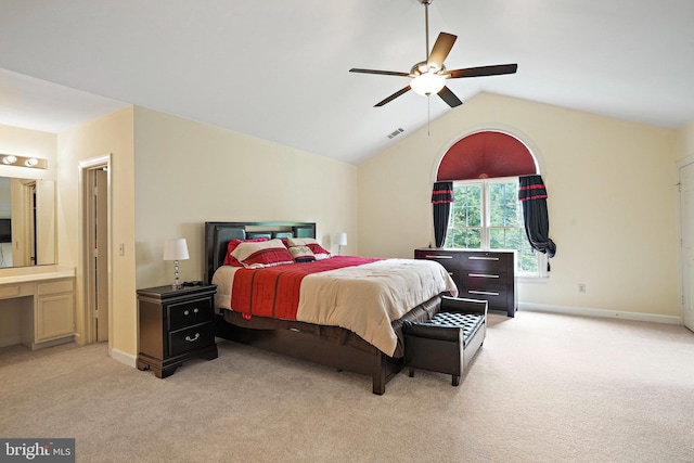 8233 Gallery Ct, Gaithersburg, MD 20886 - bedroom with light carpet, vaulted ceiling, baseboards, and ceiling fan