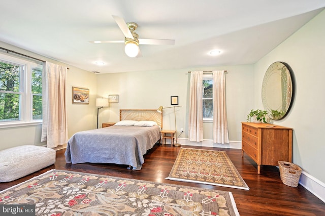bedroom featuring baseboards, wood finished floors, and multiple windows