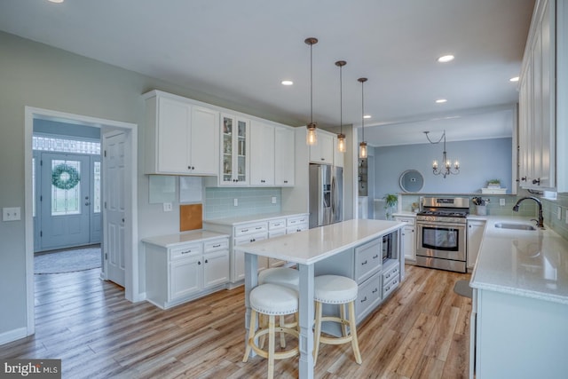 kitchen with stainless steel appliances, a sink, a kitchen island, and tasteful backsplash