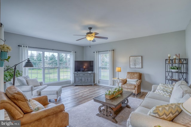 living room with a ceiling fan and wood finished floors