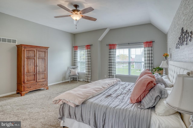 bedroom with ceiling fan, carpet flooring, baseboards, and visible vents