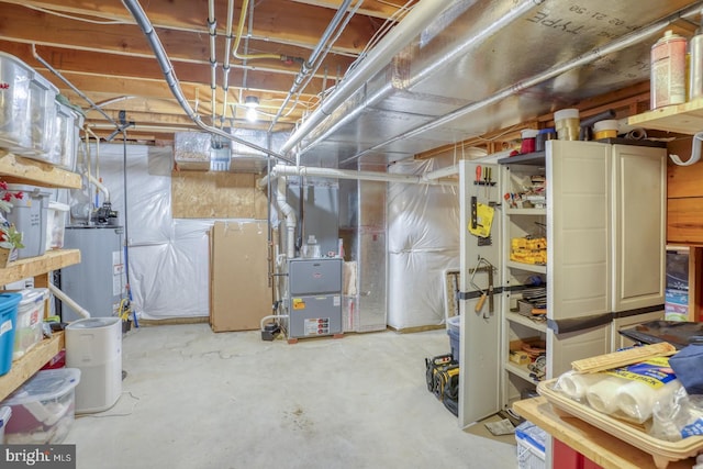 unfinished basement featuring water heater and heating unit