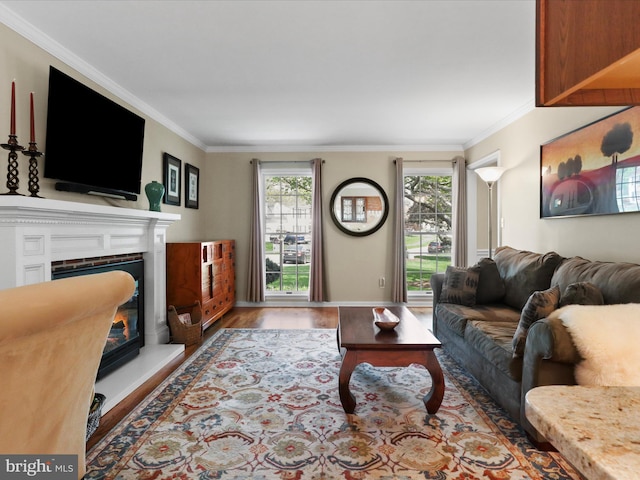 living room with baseboards, crown molding, a glass covered fireplace, and wood finished floors