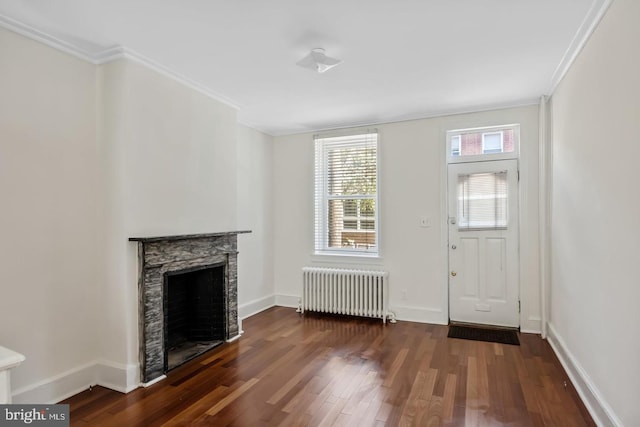 interior space featuring crown molding, radiator, and wood finished floors