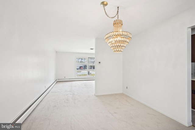 carpeted spare room featuring a baseboard heating unit, a baseboard radiator, baseboards, and an inviting chandelier