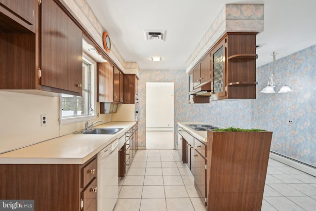 kitchen with wallpapered walls, light tile patterned floors, dishwasher, stovetop, and visible vents