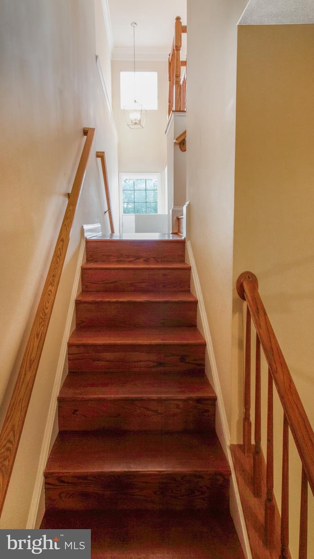 2080 Capstone Cir, Herndon, VA 20170 - stairway featuring a towering ceiling, a chandelier, crown molding, and baseboards