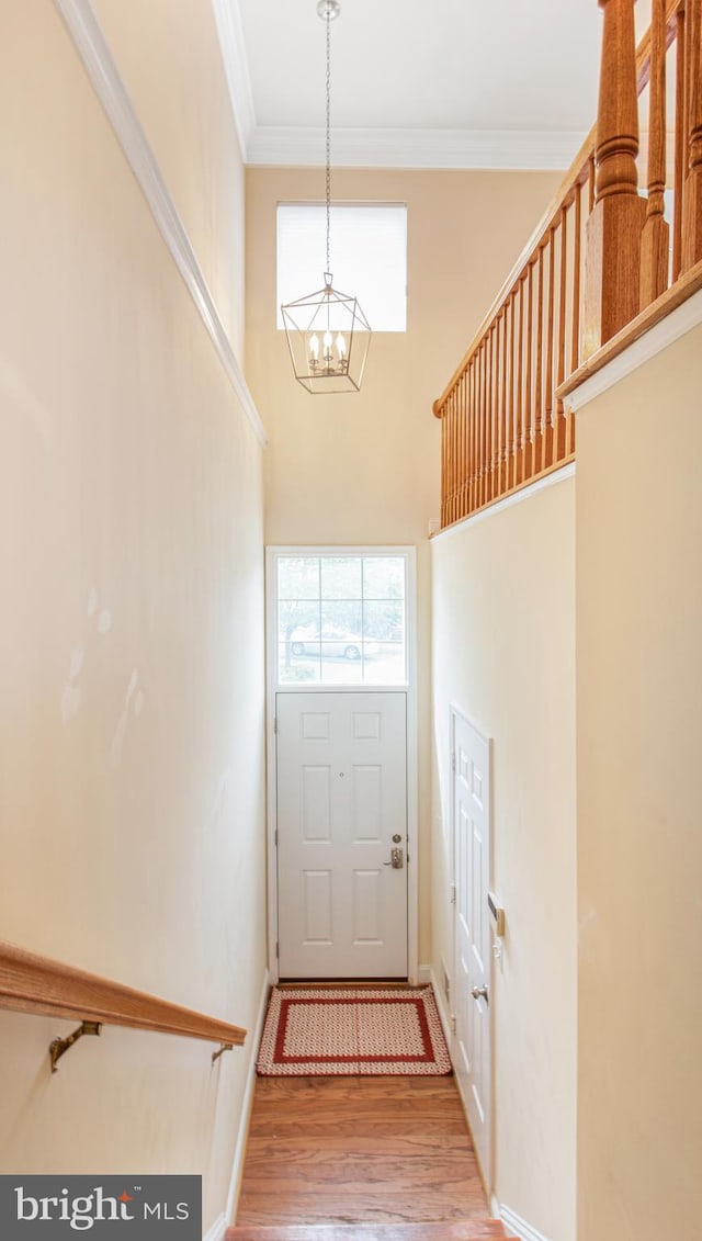 2080 Capstone Cir, Herndon, VA 20170 - doorway to outside featuring a chandelier, ornamental molding, wood finished floors, baseboards, and a high ceiling