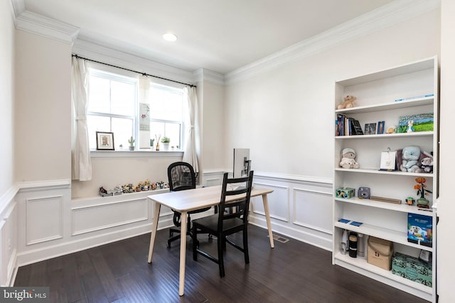 6645 Rhode Island Ave, Riverdale, MD 20737 - office area with dark wood-style floors, crown molding, wainscoting, visible vents, and a decorative wall