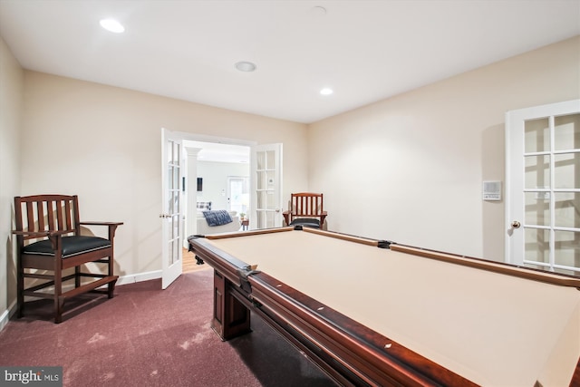 rec room featuring french doors, baseboards, recessed lighting, and dark colored carpet