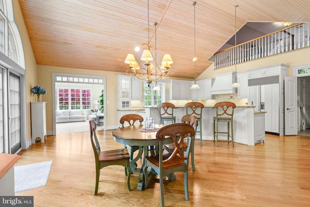 dining space featuring wood ceiling, an inviting chandelier, high vaulted ceiling, and light wood-style floors