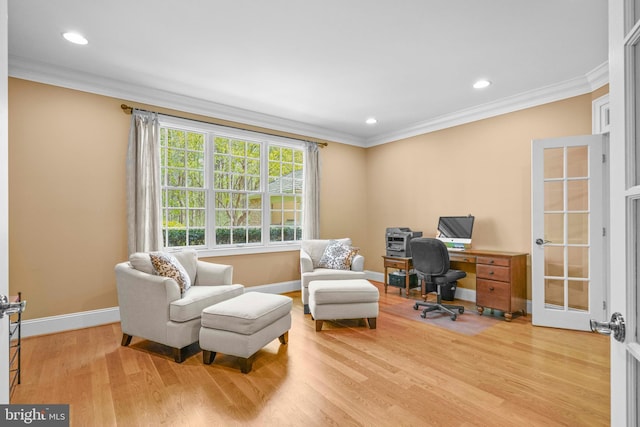 office area with recessed lighting, light wood finished floors, baseboards, and ornamental molding