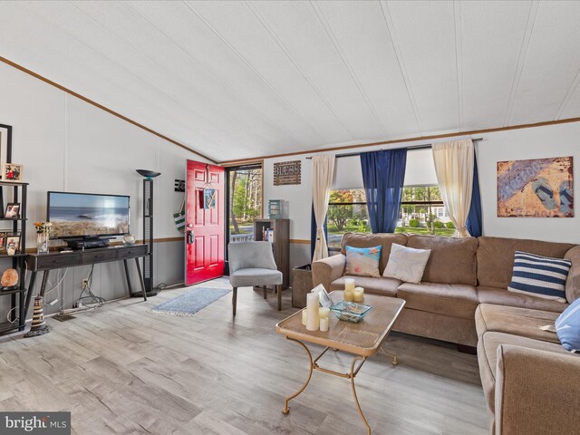 27689 Hartford Ct, Millsboro, DE 19966 - living room featuring crown molding, wood finished floors, and lofted ceiling