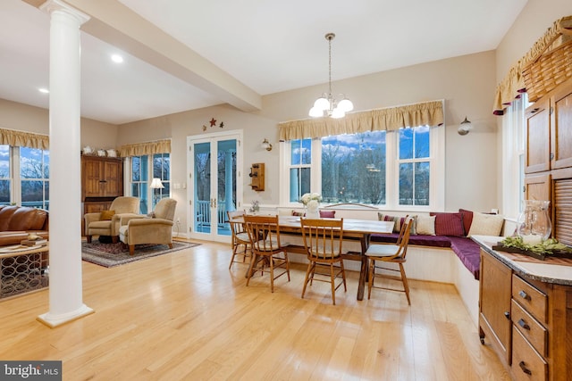 34844 Apple Pride Ct, Round Hill, VA 20141 - dining area with a wealth of natural light, light wood-type flooring, ornate columns, and recessed lighting