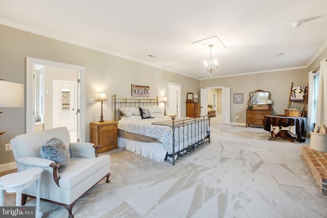 34844 Apple Pride Ct, Round Hill, VA 20141 - bedroom with baseboards, ornamental molding, a chandelier, and light colored carpet