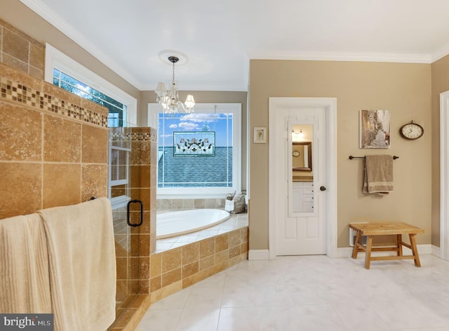 34844 Apple Pride Ct, Round Hill, VA 20141 - full bathroom featuring a tile shower, a notable chandelier, ornamental molding, and a bath