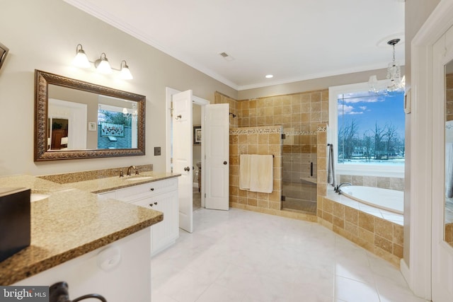 34844 Apple Pride Ct, Round Hill, VA 20141 - bathroom featuring vanity, ornamental molding, a stall shower, a notable chandelier, and a bath