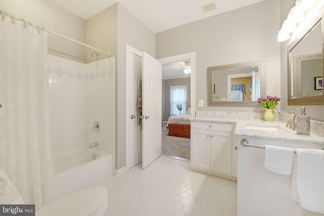 34844 Apple Pride Ct, Round Hill, VA 20141 - bathroom with toilet, vanity, shower / tub combo with curtain, visible vents, and ceiling fan