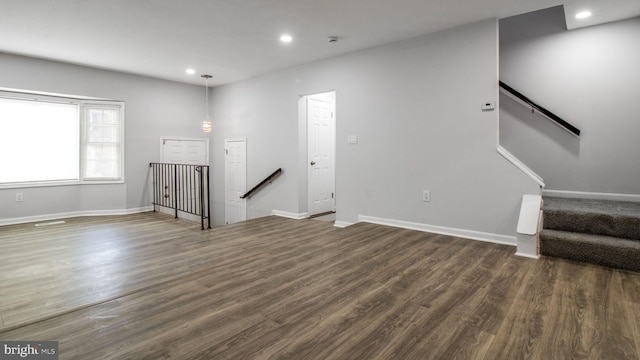 11400 Cosca Park Pl, Clinton, MD 20735 - unfurnished living room with recessed lighting, baseboards, stairs, and wood finished floors
