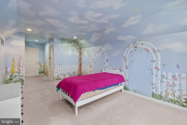 carpeted bedroom featuring visible vents, baseboards, recessed lighting, and vaulted ceiling
