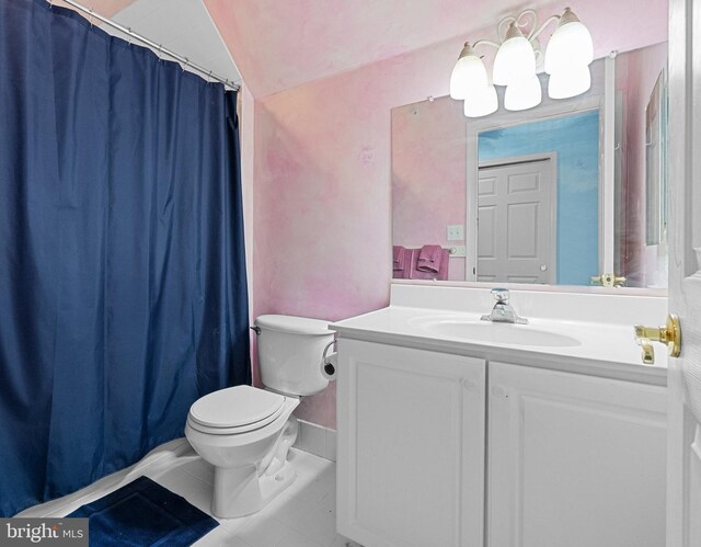 full bathroom with toilet, tile patterned floors, a shower with shower curtain, and vanity