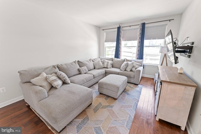 living room featuring baseboards and hardwood / wood-style flooring