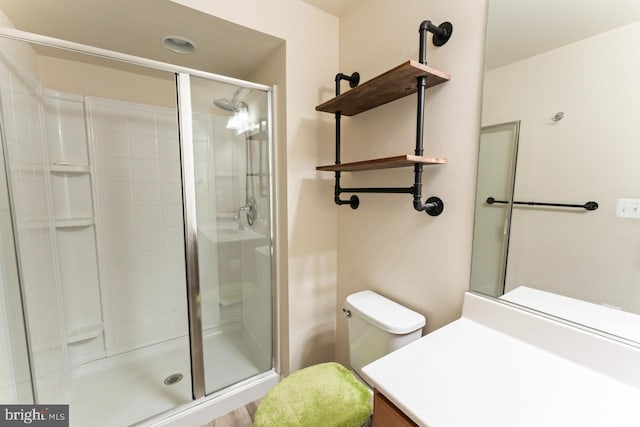 full bathroom with vanity, a stall shower, and toilet