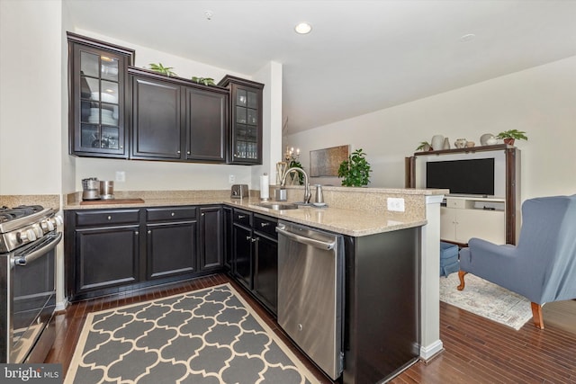 kitchen featuring light stone counters, stainless steel appliances, a sink, dark wood-style floors, and a peninsula