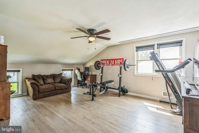 workout area featuring ceiling fan, a wealth of natural light, and hardwood / wood-style flooring