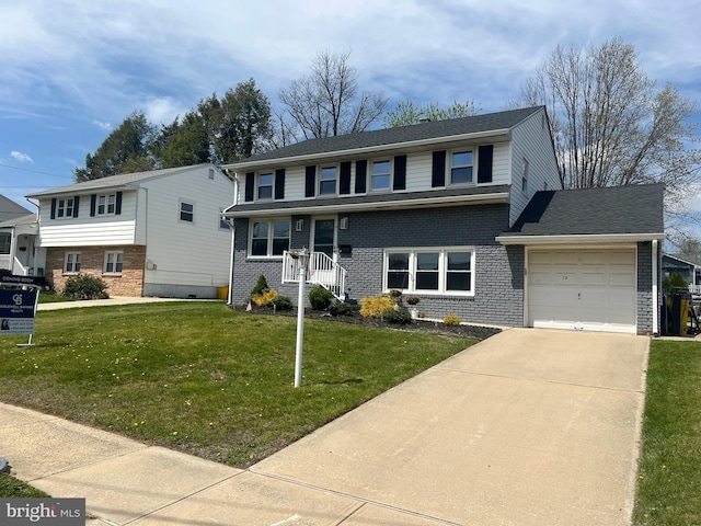 view of front facade featuring a garage, concrete driveway, brick siding, and a front yard