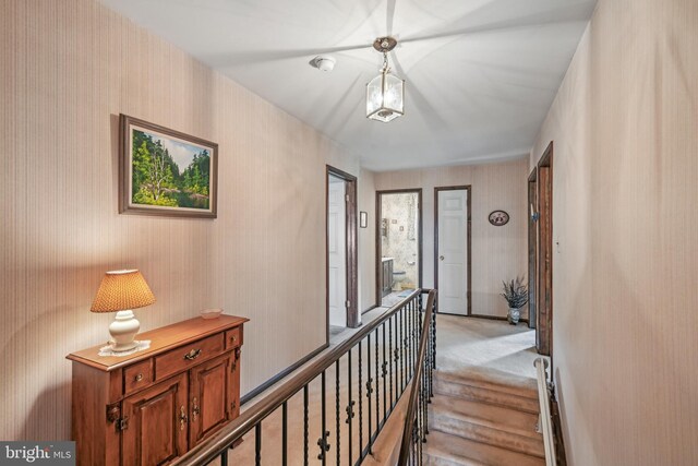 hall featuring light colored carpet