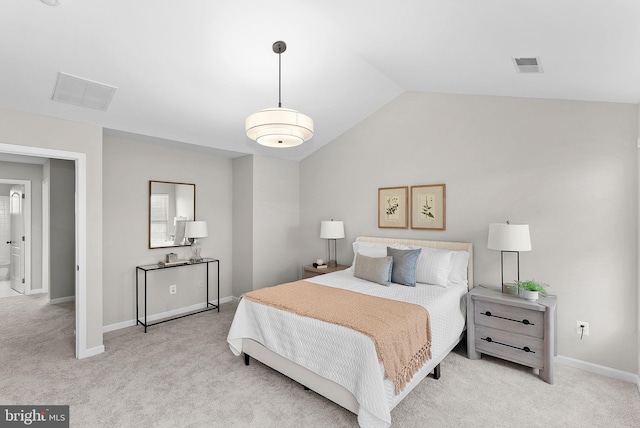 bedroom featuring carpet flooring, visible vents, baseboards, and lofted ceiling