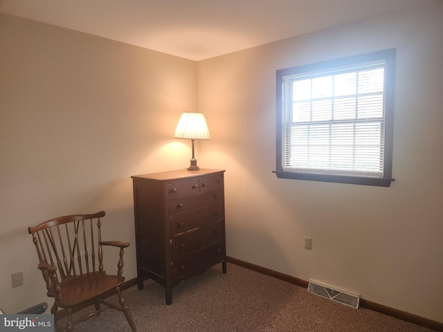 living area with carpet, visible vents, and baseboards