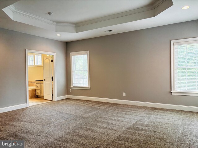 8457 Amanda Pl, Vienna, VA 22180 - spare room with ornamental molding, a tray ceiling, light carpet, healthy amount of natural light, and recessed lighting